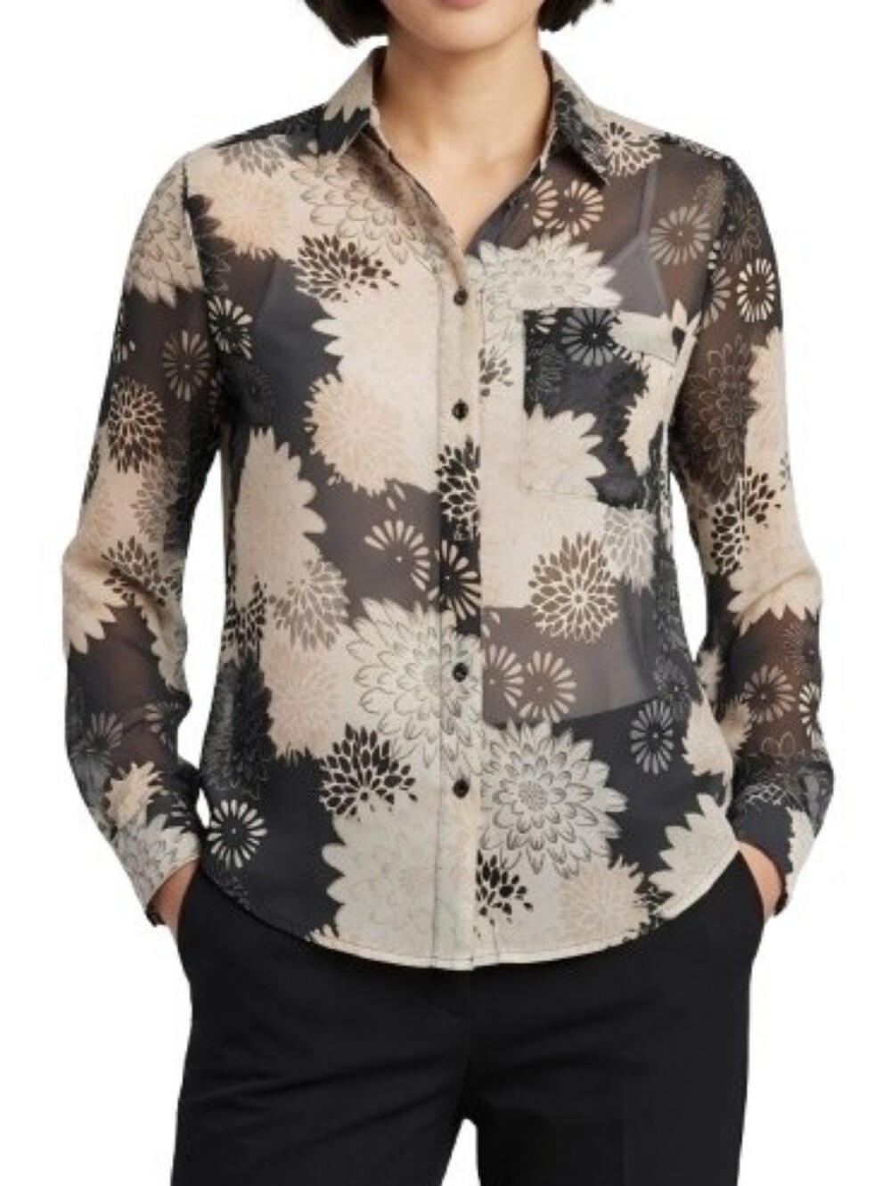 H&M Button-Up Bold Floral Print Blouse Black Cream Sheer 100% Polyester